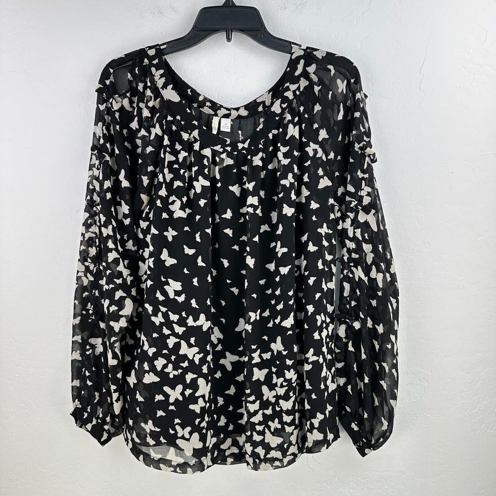 LC Lauren Conrad Top‎ Womens M Black Gray Butterfly Woven Lined Lightweight